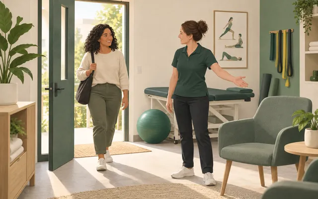 A physiotherapist welcomes a person into the practice.