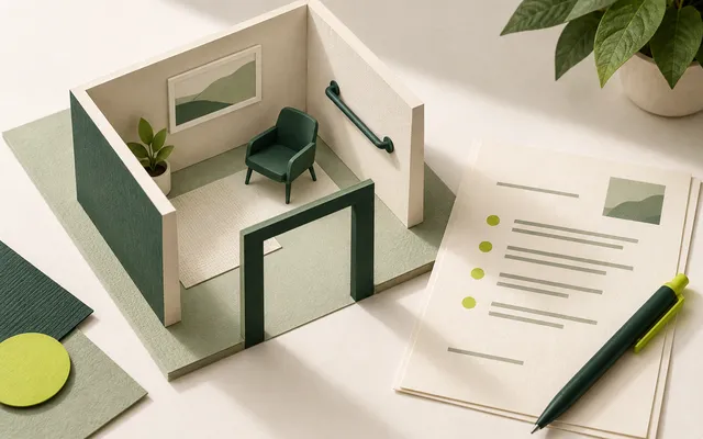 A paper model of an accessible room beside a recommendations sheet.