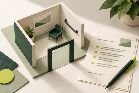 Maquette en papier d’une pièce accessible, à côté d’une fiche de préconisations.