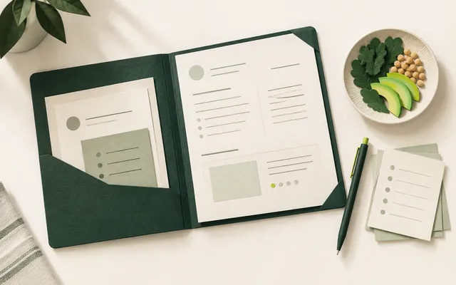 Dossier de bilan diététique ouvert, accompagné d’une assiette stylisée et de notes.