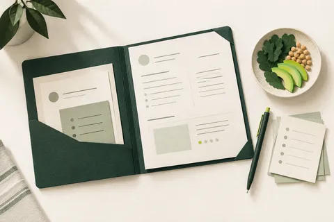 Dossier de bilan diététique ouvert, accompagné d’une assiette stylisée et de notes.