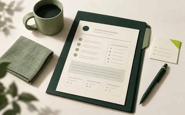 Fiche de bilan ergothérapique accompagnée d’une tasse et de supports d’activités quotidiennes.