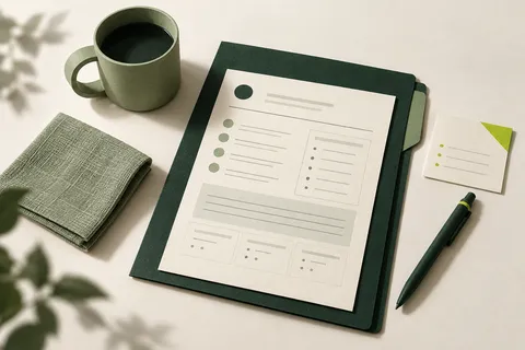 Fiche de bilan ergothérapique accompagnée d’une tasse et de supports d’activités quotidiennes.