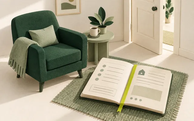 A miniature interior with an armchair, side table and home assessment notebook.