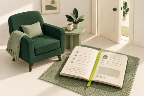 Intérieur miniature avec fauteuil, table d’appoint et carnet d’évaluation à domicile.