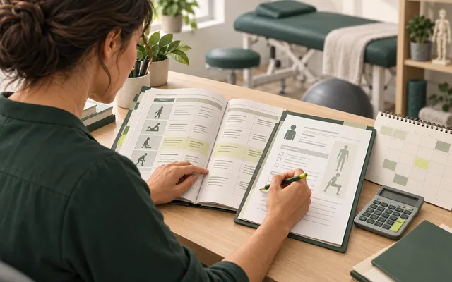 A physiotherapist checks an assessment file against a reference guide, calendar and calculator.