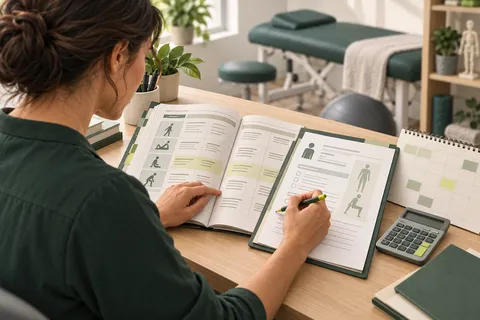 Une kinésithérapeute vérifie un dossier de bilan à l’aide d’un référentiel, d’un calendrier et d’une calculatrice.