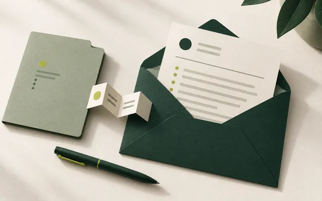 A letter tucked into a green envelope beside a folder and a pen.