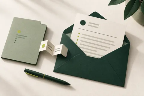 Courrier glissé dans une enveloppe verte, à côté d’un dossier et d’un stylo.