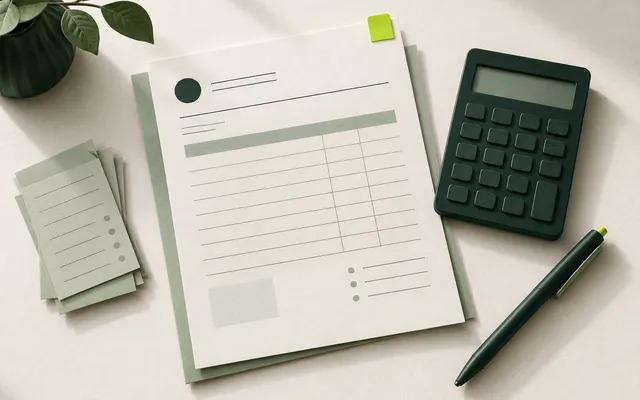 A stylised invoice, a calculator without numbers and small receipts on a cream background.