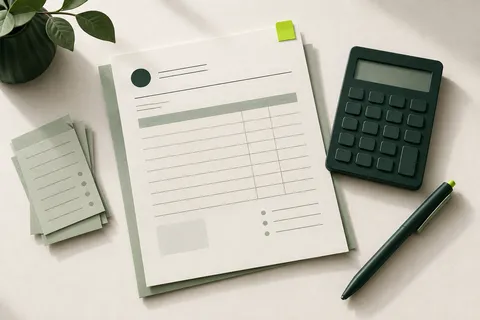 Facture stylisée, calculatrice sans chiffres et petits justificatifs sur fond crème.