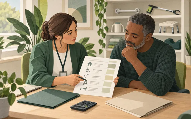 An occupational therapist explains an estimate and funding documents to a patient.