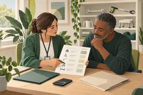 Une ergothérapeute explique un devis et les documents de prise en charge à un patient.