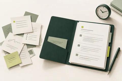 Notes éparses et dossier de compte rendu organisé, accompagnés d’une horloge et d’un stylo.