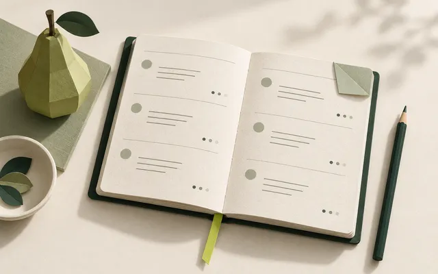 Carnet de journal alimentaire ouvert, avec une poire en papier et un crayon.