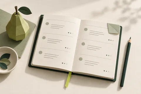 An open food diary with a paper pear and a pencil.