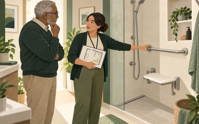 Une ergothérapeute et un habitant âgé examinent l’aménagement d’une douche accessible à domicile.