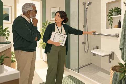 Une ergothérapeute et un habitant âgé examinent l’aménagement d’une douche accessible à domicile.