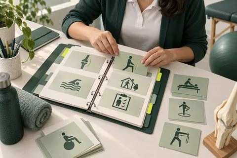 Une kinésithérapeute organise les différentes catégories d’actes dans un classeur de référence.