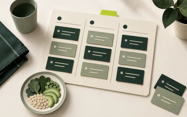 Cartes de repas disposées sur un planning, accompagnées d’une assiette stylisée.