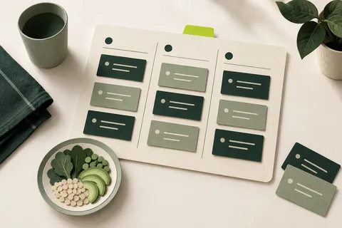 Cartes de repas disposées sur un planning, accompagnées d’une assiette stylisée.