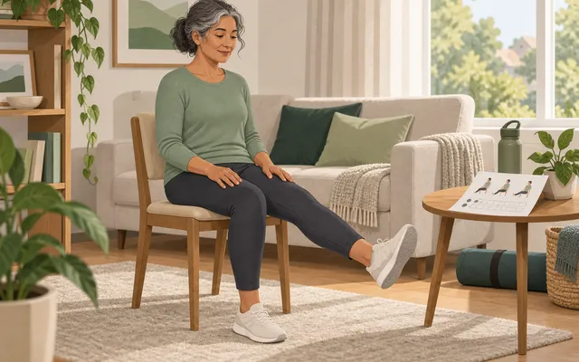 Une personne suit un programme d’exercices chez elle, avec une fiche illustrée posée à proximité.