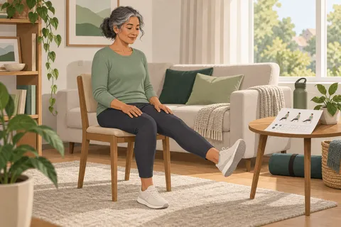Une personne suit un programme d’exercices chez elle, avec une fiche illustrée posée à proximité.