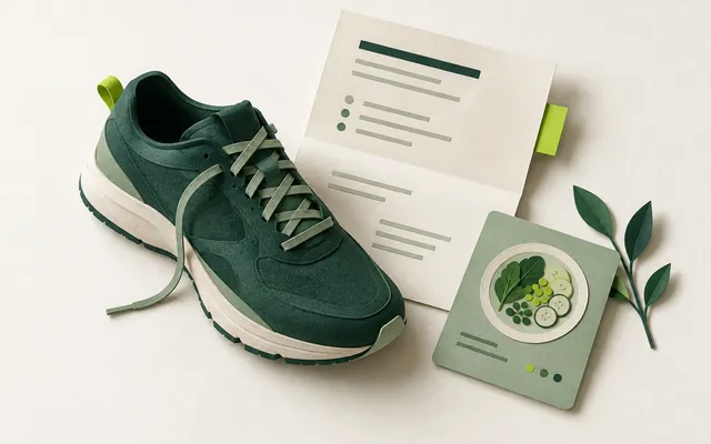 Chaussure de sport en papier, document d’orientation et carte évoquant la nutrition.