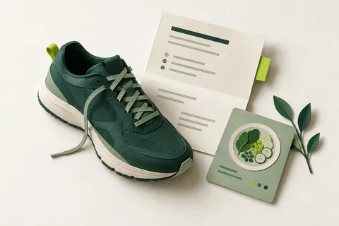 Chaussure de sport en papier, document d’orientation et carte évoquant la nutrition.